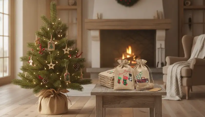 Landhaus-Charme: Künstlicher Weihnachtsbaum im Jutesack